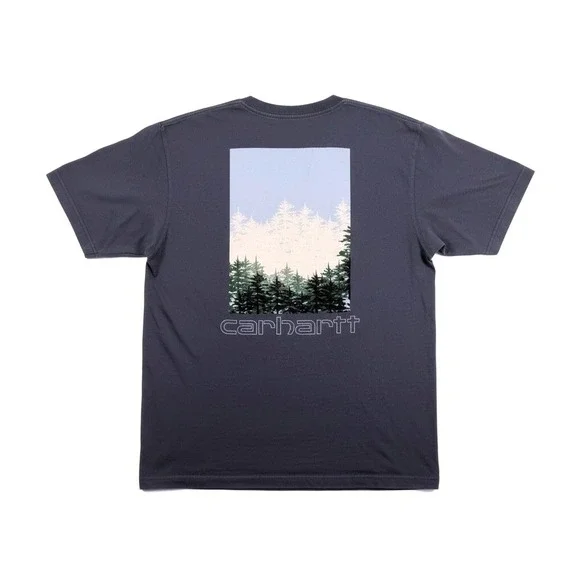 Carhartt Mens L Relaxed Fit Cotton Gray Blue Pine Forest Graphic Pocket T Shirt - Picture 6 of 12